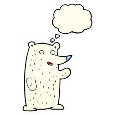 cartoon waving polar bear with thought bubble N17