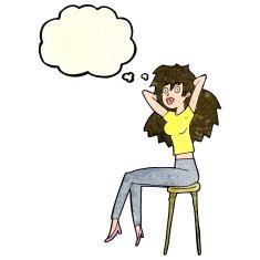 cartoon woman posing on stool with thought bubble N3