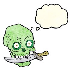 cartoon pirate skull with knife in teeth thought bubble N3