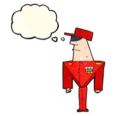 cartoon guard with thought bubble N3
