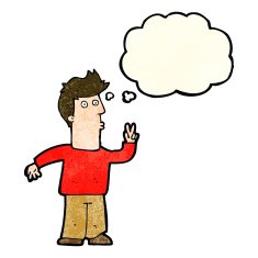 cartoon man giving peace sign with thought bubble N14