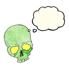 cartoon spooky old skull with thought bubble N2