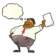 cartoon boss waving papers with thought bubble N3