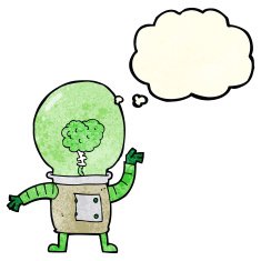 cartoon robot cyborg with thought bubble N2