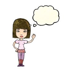cartoon woman waving with thought bubble N95