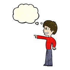 cartoon grinning boy pointing with thought bubble N2