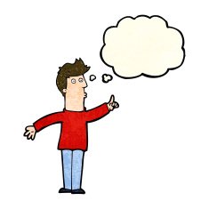 cartoon man advising caution with thought bubble N3