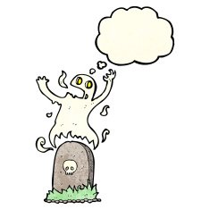 cartoon ghost rising from grave with thought bubble N9