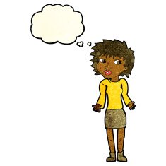 cartoon woman shrugging shoulders with thought bubble N132