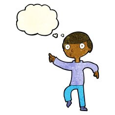 cartoon boy pointing with thought bubble N7