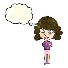 cartoon happy woman with folded arms thought bubble N7