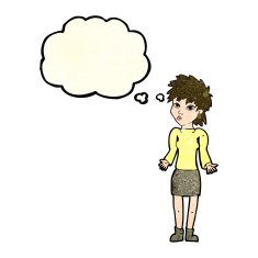 cartoon woman shrugging shoulders with thought bubble N133