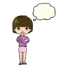 cartoon woman with folded arms thought bubble N9