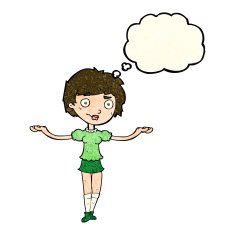 cartoon woman spreading arms with thought bubble N3