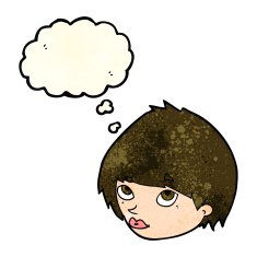 cartoon female face looking up with thought bubble N2