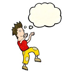 cartoon happy man doing funny dance with thought bubble N7