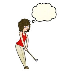 cartoon woman playing golf with thought bubble N6