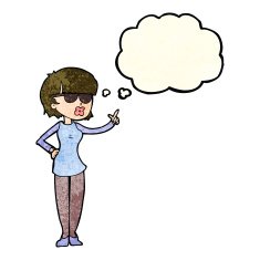 cartoon woman wearing spectacles with thought bubble N12