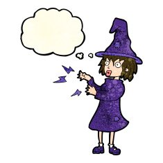 cartoon witch casting spell with thought bubble N7