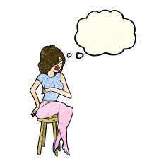 cartoon woman sitting on bar stool with thought bubble N6