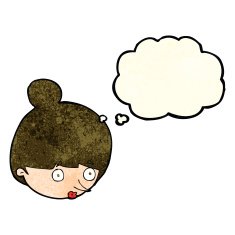 cartoon surprised woman's face with thought bubble N4