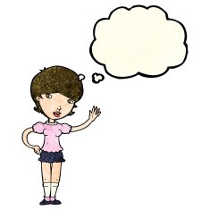 cartoon girl waving with thought bubble N9