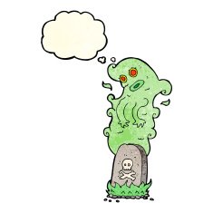 cartoon ghost rising from grave with thought bubble N10
