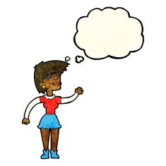 cartoon woman in spectacles waving with thought bubble N4