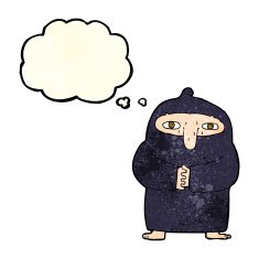 cartoon monk in robe with thought bubble N3