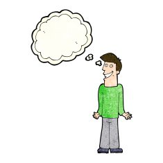 cartoon man shrugging shoulders with thought bubble N9