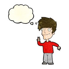 cartoon man giving peace sign with thought bubble N16