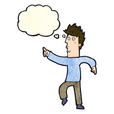 cartoon worried man pointing with thought bubble N11