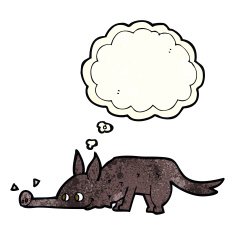 cartoon dog sniffing floor with thought bubble