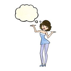 cartoon woman in cocktail dress with thought bubble N5