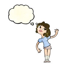 cartoon woman waving with thought bubble N99