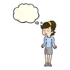 cartoon woman shrugging shoulders with thought bubble N136