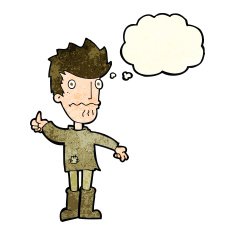 cartoon worried man giving thumbs up symbol with thought bubble N3