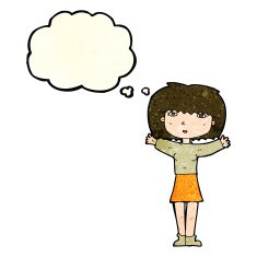 cartoon woman raising arms in air with thought bubble N4