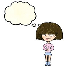 cartoon sly woman with thought bubble N4