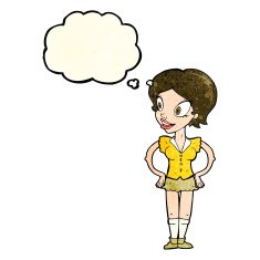 cartoon happy woman in short skirt with thought bubble N4