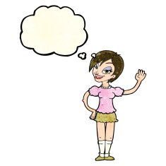 cartoon waving woman with thought bubble N43