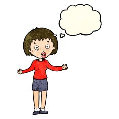 cartoon woman making excuses with thought bubble N8
