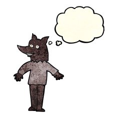 cartoon happy werewolf with thought bubble N2