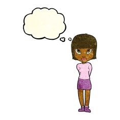 cartoon woman standing with thought bubble N7