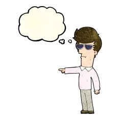 cartoon man in glasses pointing with thought bubble N4