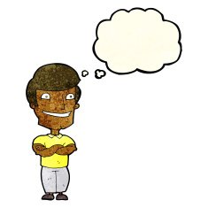 cartoon grinning man with thought bubble N27