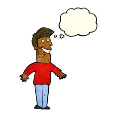 cartoon grinning man with thought bubble N28