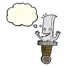 crazy cartoon knife character with thought bubble N4