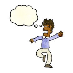 cartoon man panicking with thought bubble N13