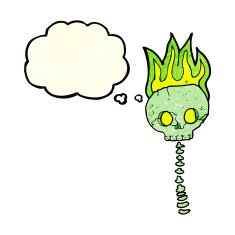 cartoon spooky skull and spine with thought bubble N4